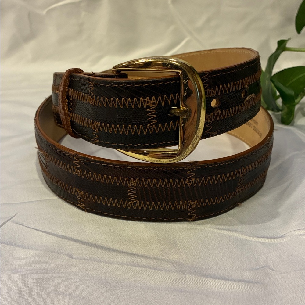 Tony Lama Men's 38 Belt - Vintage Zig-Zag Stitch Brown Leather 20543 (ABBA)
